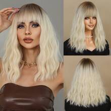 7JHH WIGS Platinum Blonde Wavy Wig Medium Length Wig With Bangs Dark Roots Synthetic Heat Resistant White Blonde Wig Natural Looking Shoulder Length Wigs For Women Daily And Date Use 16 Inch - Gold - View 12