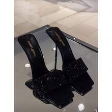 Women's Black Square - Toe Sandals With Rhinestones And One - Strap, High Heel, Summer Slides - Black - View 2