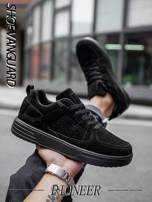 (Nhỏ hơn) Giày thể thao nam cổ cao thoải mái, chất liệu da vá, giày đi bộ cổ điển, màu đen tuyền, có dây buộc, chống sốc - màu đen - Xem 6