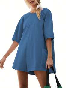 Mono de mujer casual de color sólido, estilo suelto minimalista, cuello redondo, top de manga corta, diseño transpirable sin espalda, cómodo top de mujer de bolsillos grandes, adecuado para la calle y el uso diario. - Azul - Ver 9