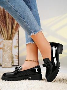 春秋新款厚底坡跟尖头乐福鞋，鞋底加厚，英伦风低跟/粗跟/方跟，时尚百搭高鞋面蝴蝶结女鞋 - 黑色 - 查看 3