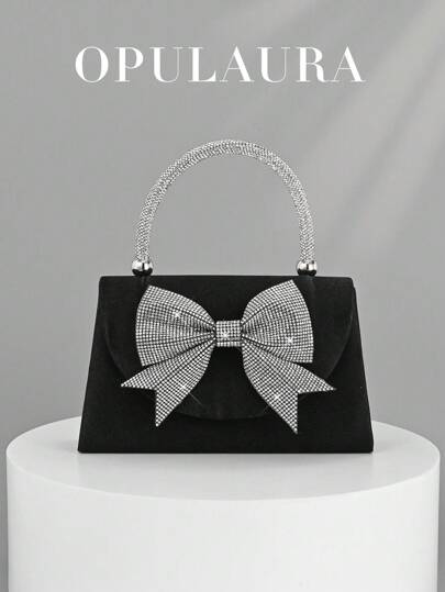 OpulAura Women's European And American Fashion Black Satin Flap Clutch Evening Bag, Sparkling Elegant Bowknot Rhinestone Decor Party Handbag, Luxury Satin Formal Dress Bag, Chain Shoulder Bag Suitable For Banquet, Party, Birthday, Wedding