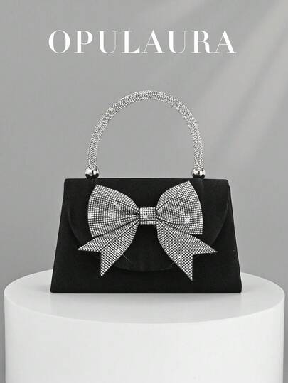 OpulAura Women's European And American Fashion Black Satin Flap Clutch Evening Bag, Sparkling Elegant Bowknot Rhinestone Decor Party Handbag, Luxury Satin Formal Dress Bag, Chain Shoulder Bag Suitable For Banquet, Party, Birthday, Wedding , New Year