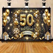 50pcs/Pack Polyester 50th Birthday Party Banner, Multipurpose Celebratory Background, Gold & Black Theme, Suitable For Indoor & Outdoor Events, Holiday Decoration For Indoor, Garden, Studio And Home Celebrations