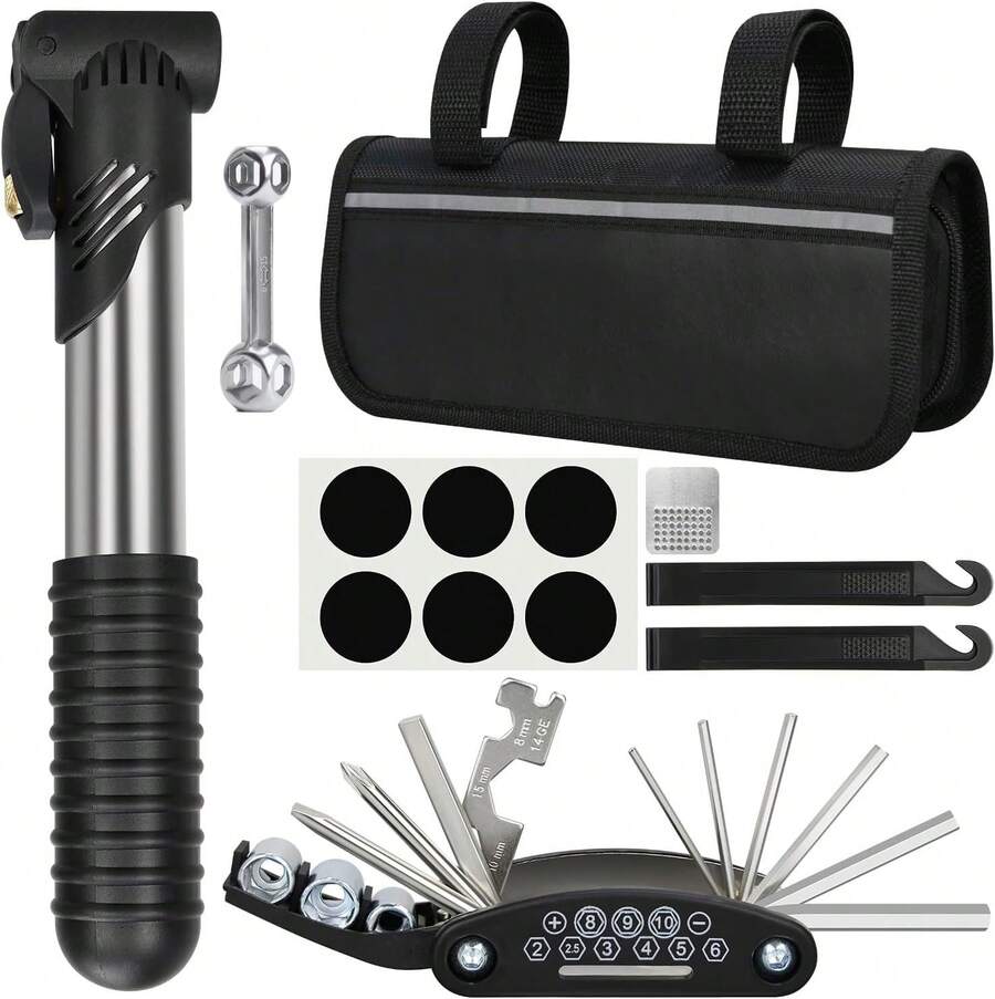 Bicycle Repair Bag With Tire Pump, Portable Tool Kit, Suitable For Camping Trips - Patch, Inflator, Maintenance Integrated Safety Kit