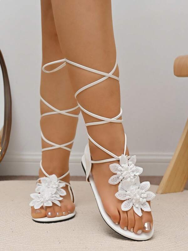 Asymmetrical Position 3D Black Flower Decor Women's Thin Flat Sandals, Fashion Flower Decoration Elegant Wedding Style, Elastic Slip-On