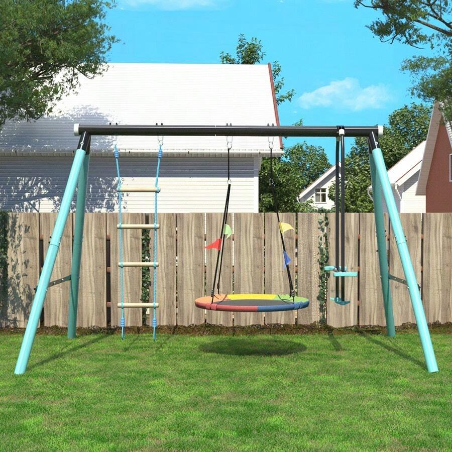 Swing Swing Seesaw Set With Metal Frame, Nest Tree Swing, , Seesaw Height Adjustable, Climbing Ladder & Climbing Net, Outdoor Play - Blue - View 1