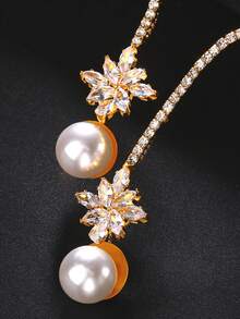 1 件华丽仿珍珠水钻装饰银色颈链婚礼新娘项圈首饰 - 金色 - 查看 4