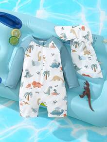 Baby Boy Cute Dinosaur All-Over Print Zipper Half-Zip Long Sleeve Romper Swimsuit+Stretch Sun Hat - Multicolor - View 1