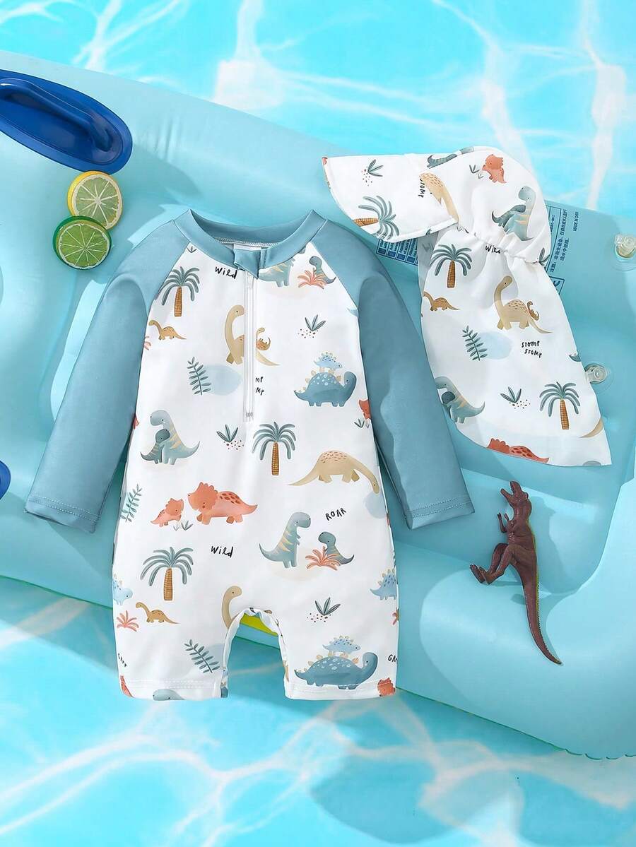 Baby Boy Cute Dinosaur All-Over Print Zipper Half-Zip Long Sleeve Romper Swimsuit+Stretch Sun Hat - Multicolor - View 1