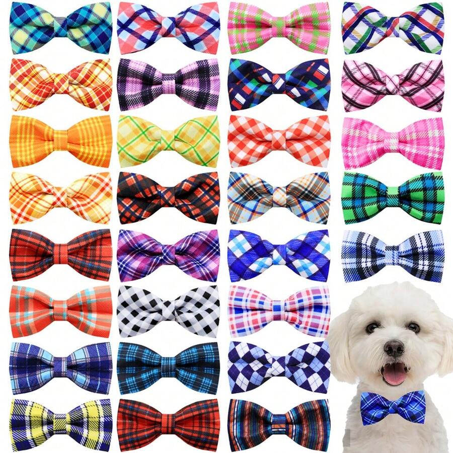 5/10PCS Plaid Dog Collars With Elastic Bands Mixed Colors Dog Bowties Fashion Pet Bow Ties For Dogs And Cats Grooming Accessories - Multicolor - View 1