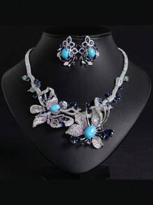 1 conjunto/3 piezas Juego de joyas con collar y aretes con forma de pétalos de flor, con piedras de circonita cúbica engarzadas, adecuado para mujeres, novia, boda, fiesta formal, regalo para el Día de la Madre (opción de varios colores)