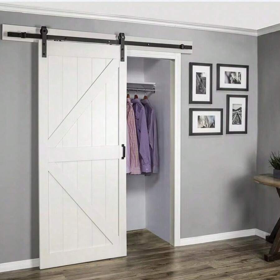 5/6/6.6FT Sliding Wood Barn Door Track System Kit Hardware Set Stainless Steel - Black - View 1