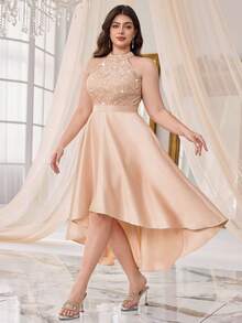 加露背亮片蕾丝拼接撞色缎面高低 A 字下摆晚会礼服、毕业礼服、优雅舞会半正式婚礼宾客礼服，适合生日、返校节 - 香檳色 - 查看 9