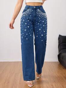 Elegant Heavy Pearl Embellished Washed Straight Leg Jeans – Luxurious & Stylish Women's Denim Pants - Rửa tối - Xem 1