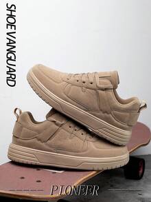 Men's Comfy High Top Leather Splicing Sneakers, Couple's Versatile Shock Absorption Sports Shoes, Classic Black Lace-Up Retro High-Soled Flat Walking Shoes, Suitable For Jeans Active Wear - Khaki - View 5