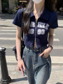 复古字母印花 Polo 领双拉链短款 T 恤，春夏休闲款 - 藏蓝色 - 查看 6