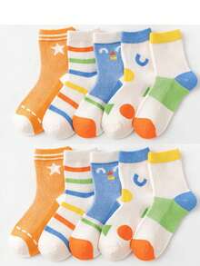 5 Pairs Kids/Children Thin Mesh Candycolor Letter & Striped Pattern Breathable Crew Socks, Suitable For Home & Outdoor, Spring/Summer (Ages 1-12) - Multicolor - View 12