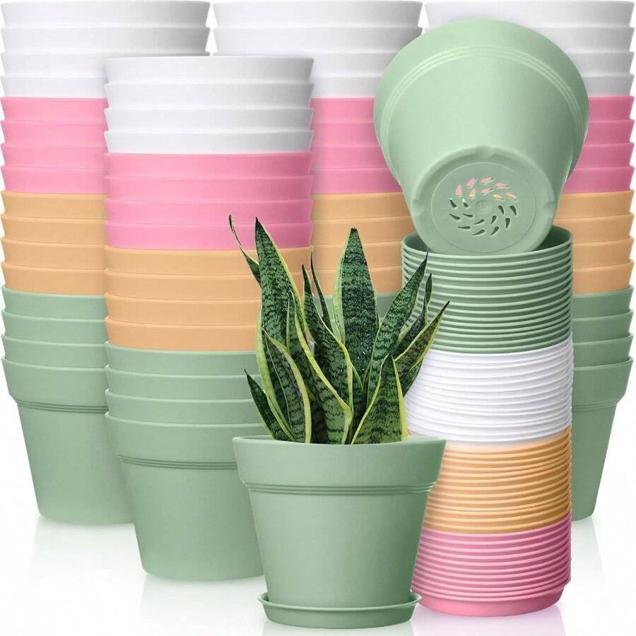 Mumufy 54 Pack 4 Inch Plant Pots Bulk Small Planter With Drainage Hole And Saucer Small Plastic Pots For Flowers Succulent Cactus And All House Indoor Colorful - Đầy màu sắc1 - Xem 1