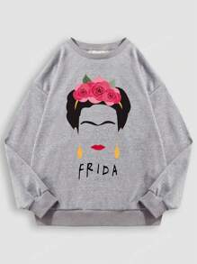 Sudadera de hombros caídos para mujer, estampado de artista mexicana, cuello redondo, holgada, para primavera y otoño, Super David Clothes