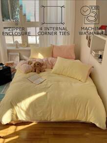 Juego de ropa de cama de 3 piezas en tono amarillo claro y rosa claro que incluye 1 edredón y 2 fundas de almohada, para dormitorio o habitación