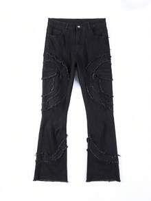 Men's Pocket, Frayed Hem Stretch Skinny Flared Jeans - Black - View 6