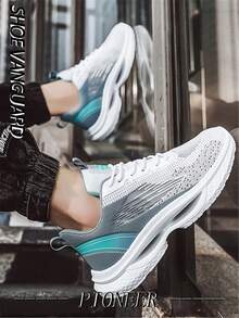 Men's Gradient Color Knitted Mesh Running Shoes, Front Lace-Up Versatile Casual Outdoor Sports Sneakers - Blue and White - View 5