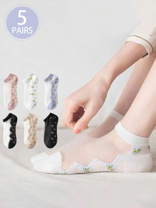 5 أزواج (ألوان عشوائية) جوارب حرير زجاجي شفاف رقيق للكاحل، مزين براسم الزهور المنتشرة، صالح للنساء للربيع والصيف، مريح للتنفس