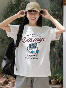 女士休闲白色日式印花短袖棉质 T 恤，宽松百搭 - 白色 - 查看 8