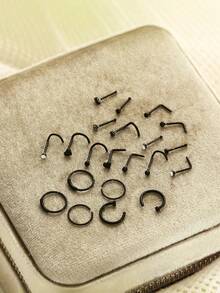 21pcs Black Nose Ring Butterfly Shaped Stainless Steel Nose Ring Set, Mini Black Nose Stud Nose Hoop With Heart & Various Shapes Decoration, Body Piercing Facial Jewelry For Women Gifts