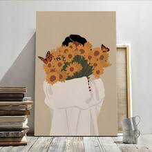 1 Pc Framed Sunflower Bouquet Woman African American Wall Art Textured Canvas Poster Painting Wall Decor For Bedroom Living Room, Ready To Hang