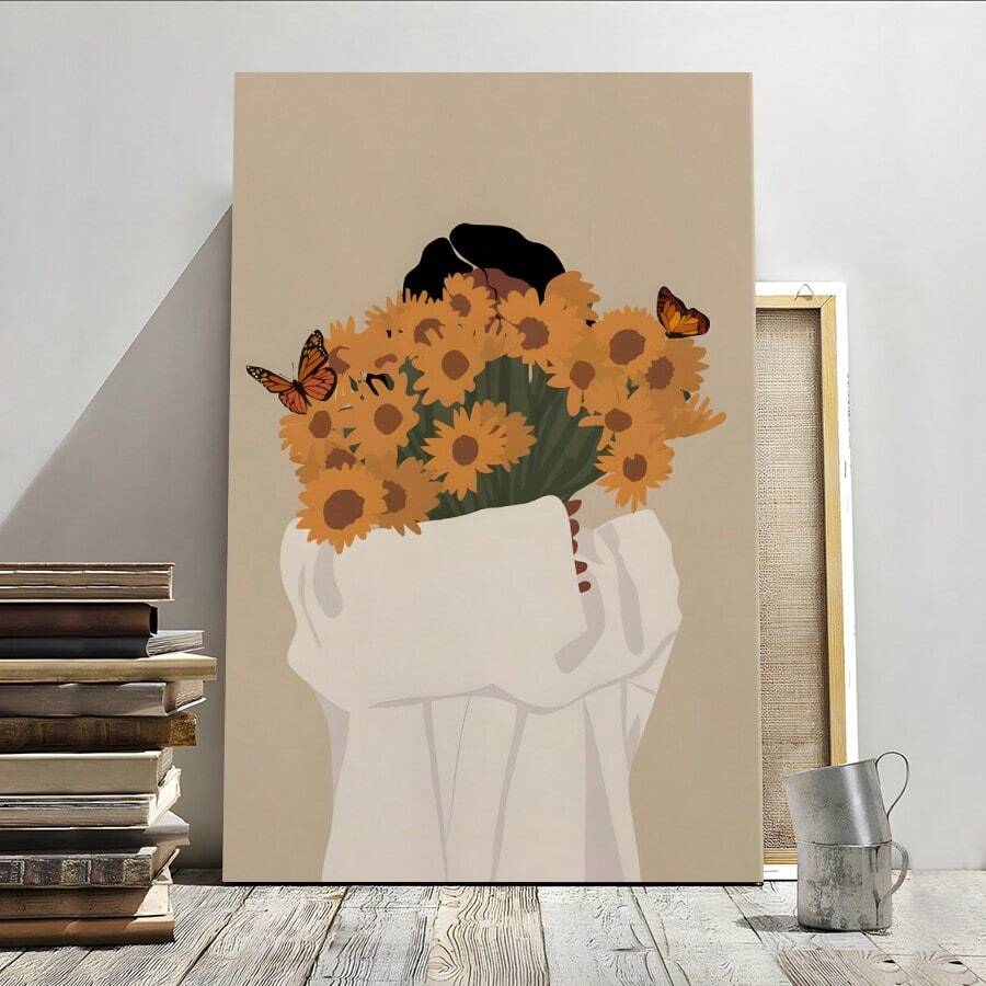 1 Pc Framed Sunflower Bouquet Woman African American Wall Art Textured Canvas Poster Painting Wall Decor For Bedroom Living Room, Ready To Hang