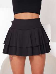 Short Skirt Ruffle Double Layer Fitness Gym Dance Running High Waist Suplex WOLFOX - màu đen - Xem 2