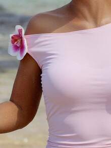 Women's Pink Asymmetrical Neck Tankini With Ruched Detail & High Waist Bottom, Casual High Stretch Bathing Suit - Pink - View 4