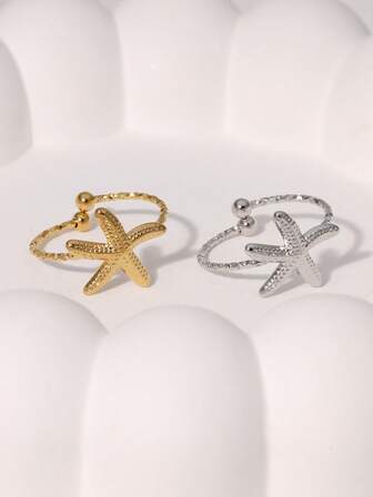 1 件简约独特设计海星形不锈钢开口戒指，适合女性日常、派对、约会佩戴