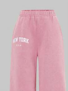 少女休闲字母印花T恤和裤子套装，夏季 - 淺粉色 - 查看 6