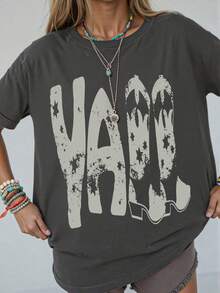 JOYY YALL 西部靴图案T恤，宽松圆领短袖休闲女式上衣，适合日常穿着