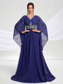 YISIKADO 女士 V 领优雅贴花雪纺荷叶边下摆派对长裙