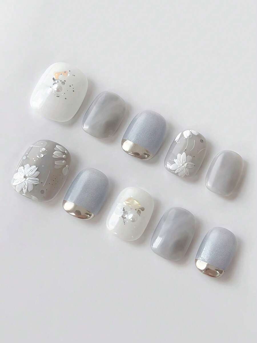 10 片高端柔和蓝色手绘花卉精美闪光法式美甲假指甲（随机亮片）按压式指甲美甲用品指甲