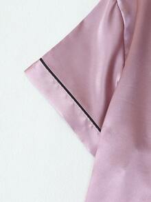 [Elegant Fields]3pcs Set Satin Pajamas For Women, Including Solid Color Shirt With Lapel Collar, Short Sleeve Button Down, And Short/Long Pants, Suitable For Home Wear, Spring & Summer - Lilac Purple - View 6