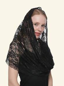 1件时尚纯色蕾丝三角头纱，轻盈花卉刺绣镂空披肩围巾，适合教堂祈祷、婚礼头纱、新娘头纱、秋季女装、情人节配饰