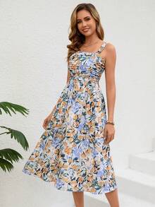 女士优雅日常度假柠檬印花褶饰胸围吊带中长连衣裙，独立日、派对、茶会休闲夏季服装 - 彩色 - 查看 2