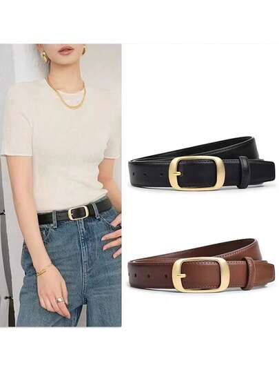 1pc Metal Square Buckle PU Belt, Minimalist Fashion, Can Be Paired With Jeans, Shorts, Long Pants, Dresses, Suitable For Summer And Campus