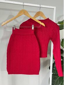 Women's Knitted Skirt And Blouse Set With Braids Made In Modal Knit. - View 1