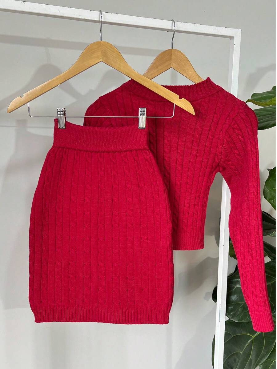 Women's Knitted Skirt And Blouse Set With Braids Made In Modal Knit. - View 1