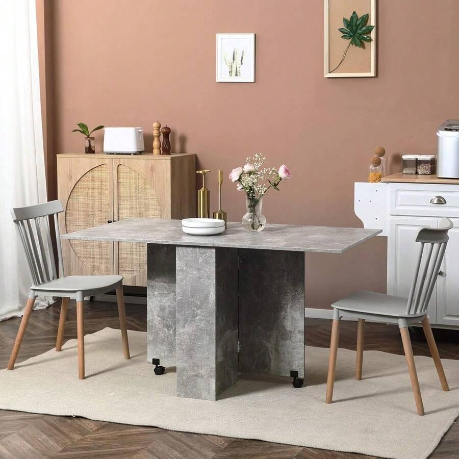 Folding Dining Table, Drop Leaf Table For Small Spaces With 2-Tier Shelves, Small Kitchen Table With Rolling Casters, Cement Grey - Cement Grey - View 1