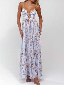 Women Summer Casual Long Dress Y2k Spaghetti Strap Bodycon Low Cut Dress V-Neck Sleeveless Solid Color Tie-Up High Backless Sexy Fashion Party Sling Maxi Dress - hoa màu xanh - Xem 6