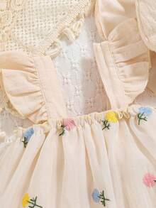 女婴花卉刺绣薄纱短袖连体衣连衣裙 - 杏色 - 查看 3