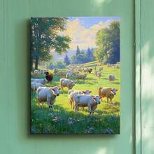 1pc Love Pet Framed Wall Art, Wrapped Canvas Poster Vintage Prints, Love Pet, A Herd Of Sheep Grazing In A Field, Birthday Party Decor, Decorative Wall Art For Living Room Bedroom Office, Hanging Hardware Included - Framed, Vertical - Framed Canvas - View 2