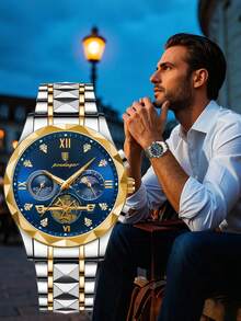 POEDAGAR 1pc Classic Quartz Chronograph Wrist Watch For Men, Water Resistant With Gift Box